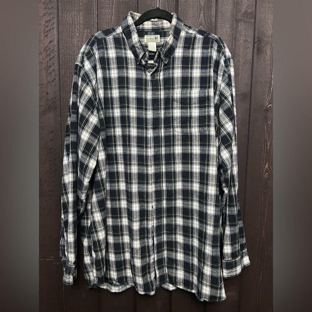 L.L.Bean Men Flannel Shirt Sz XXL-Tall 100% Cotton Blue/Green/White/Yellow Plaid